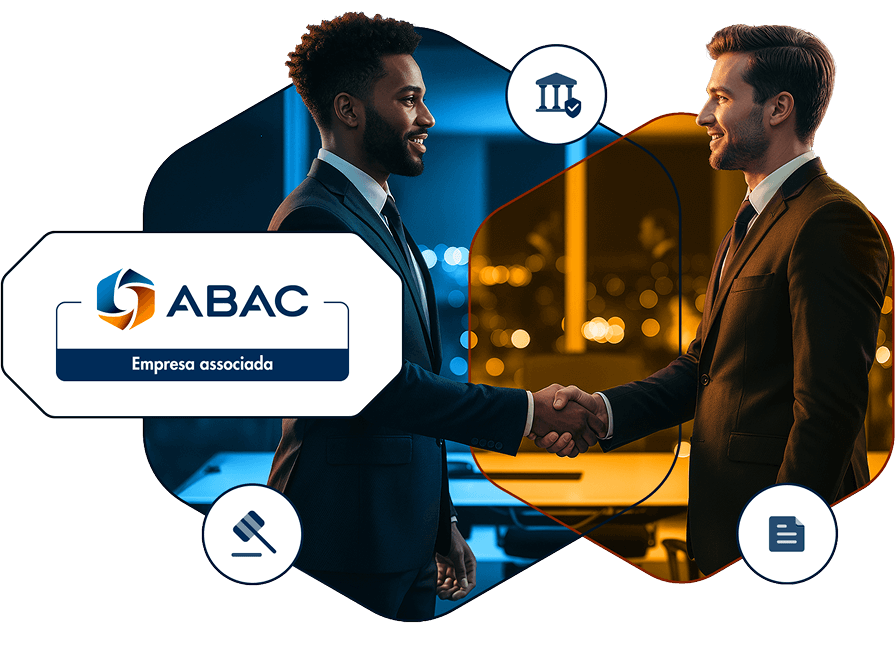 Dois homens dando a mão como quem firma um acordo e o logo da qualificação da empresa associade ABAC